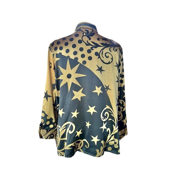 Paolo Santini Womens 14 Silk Button-Up Blouse Shirt Gold Black Baroque Star VTG - Picture 3 of 7
